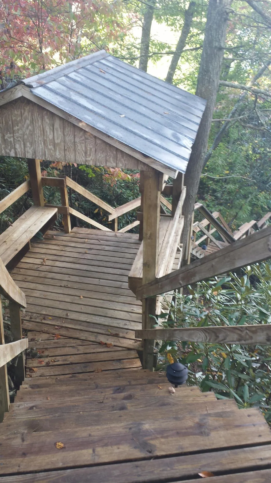 Metal roofed shelter over wooden steps on a wooded walkway — Skylight Repair & Installation work by our crew in Kingsport